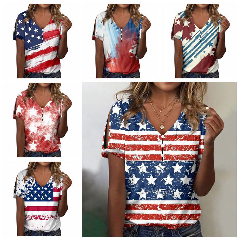 Wish Independent Station V-Neck Button Cross Sleeve 3D Digital Printed T-Shirt Short Sleeve - Image 2