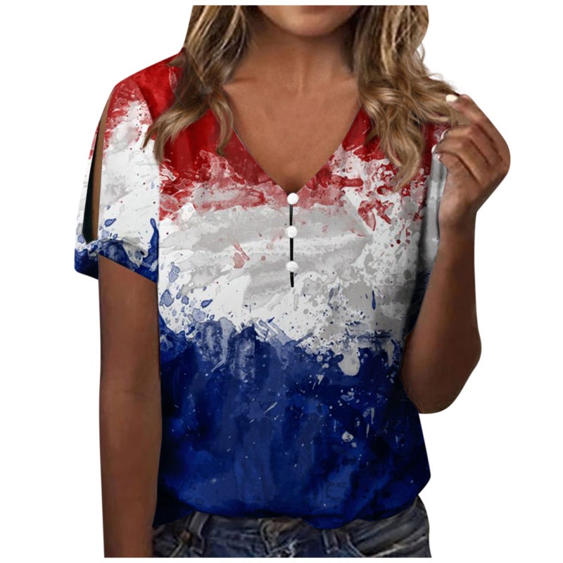 Wish Independent Station V-Neck Button Cross Sleeve 3D Digital Printed T-Shirt Short Sleeve - Image 5