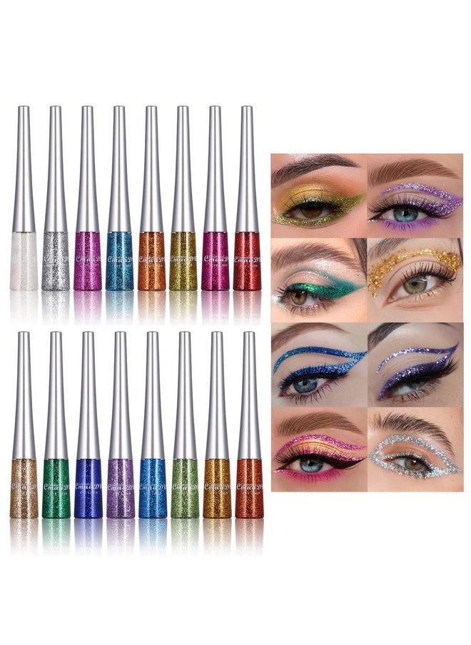 CHARMCODE 16 Colors Glitter Metallic Liquid Eyeliner Set Waterproof Long Lasting Eye Liner Pencil Pigmented Shimmer Eye Makeup Gift Kit For Women Green Purple Blue Pink White Silver Gold Colored Eyeliners  - Image 1