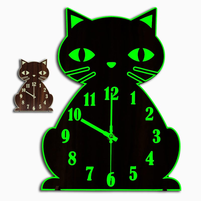 Cat Wall Clock Glow in The Dark Silent Luminous Clock for Bedroom Living Room Home Decor Gifts for Cat Lovers Kids  Wood Brown