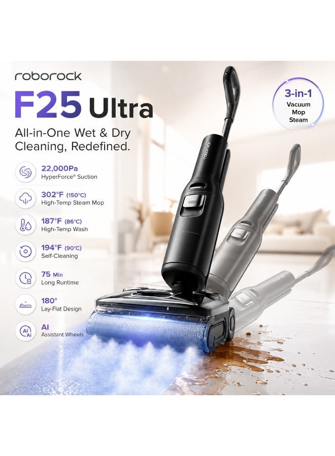 roborock F25 Ultra Steam Wet & Dry Vacuum Cleaner – 22000Pa Cordless Floor Cleaner with 302°F Steam, 187°F Hot Water, 194°F Self-Cleaning, Edge-to-Edge Cleaning & 180° Lie-Flat Design - Image 1