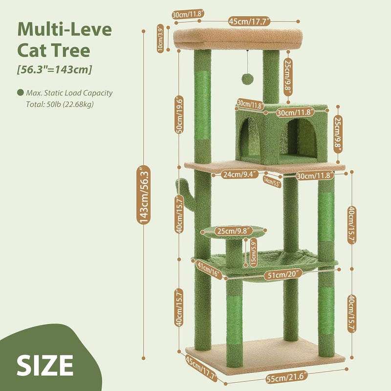 LOYAL RAIN 143 cm Tall Cat Tree for Indoor Cats, Multi-Level Cat Tower with Super Large Hammock, Sisal Covered Scratching Posts, Cozy Condo and Top Perch (Green, Large) - Image 5