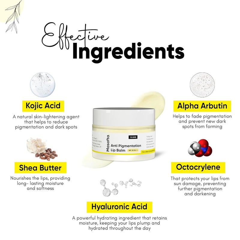 Masofta Anti Pigmentation Lip Balm With Kojic AcidAlpha Arbutin Shea Butter For SmoothCrack Free Clear LipsSpf 30 PaFor Men Women15GmsAll - Image 5