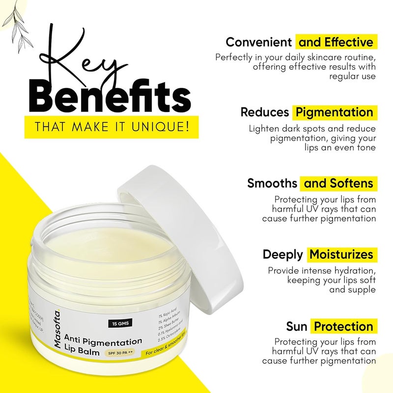 Masofta Anti Pigmentation Lip Balm With Kojic AcidAlpha Arbutin Shea Butter For SmoothCrack Free Clear LipsSpf 30 PaFor Men Women15GmsAll - Image 4