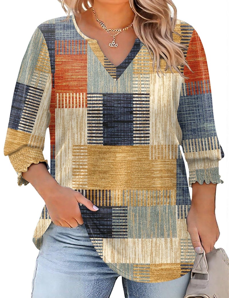 Rapbin 3/4 Three Quarter Sleeve Shirts V Neck Cotton Shirts Ladies 4X-5X Blouses 2025 Summer Tummy Coverage Tops (Colorful Plaid 4XL) - Image 1