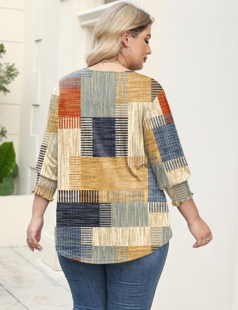Rapbin 3/4 Three Quarter Sleeve Shirts V Neck Cotton Shirts Ladies 4X-5X Blouses 2025 Summer Tummy Coverage Tops (Colorful Plaid 4XL) - Image 4