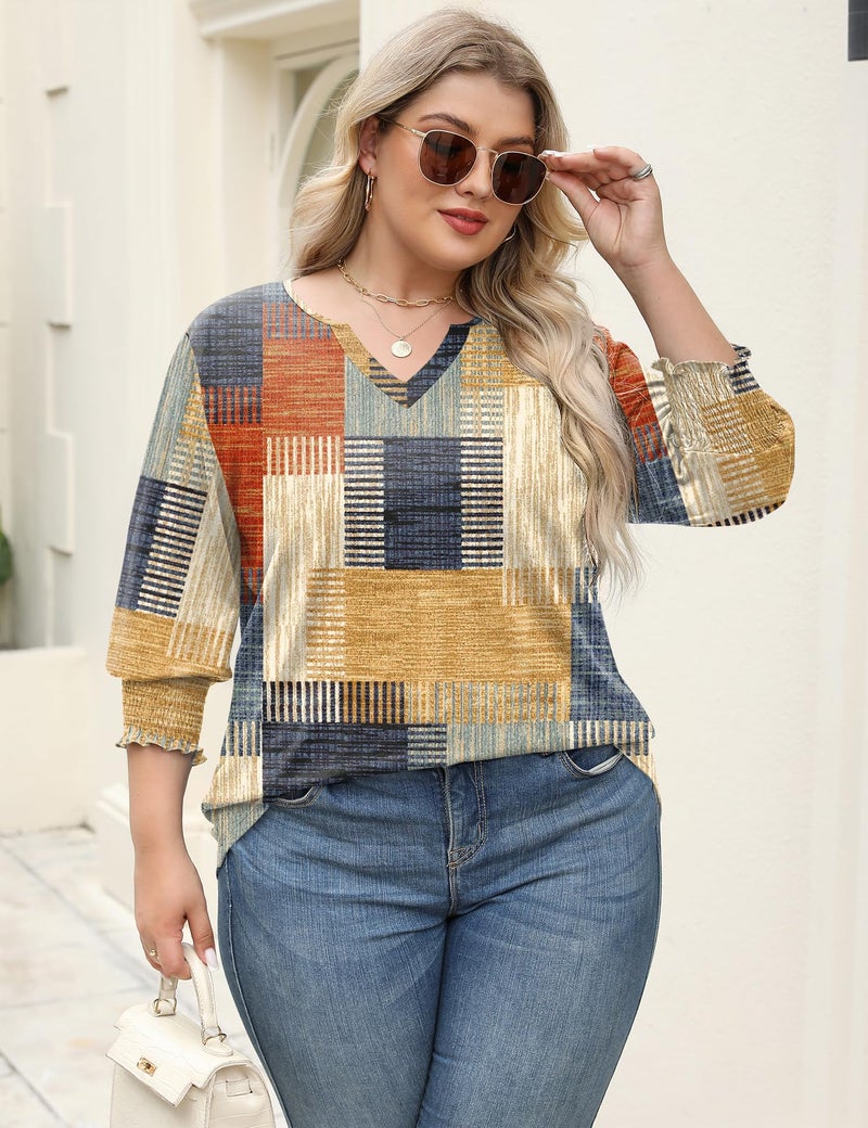 Rapbin 3/4 Three Quarter Sleeve Shirts V Neck Cotton Shirts Ladies 4X-5X Blouses 2025 Summer Tummy Coverage Tops (Colorful Plaid 4XL) - Image 5