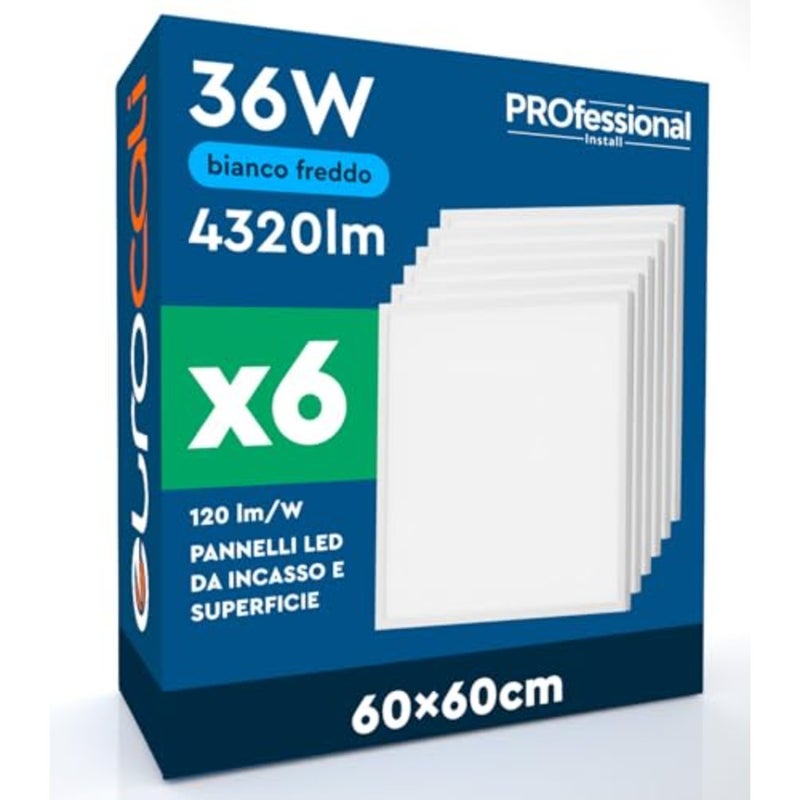 LED Panels 36W 60 x 60 cm 3960 Lumens - Cool White Light 6500K - 110° Beam Angle - Recessed or Surface No Accessories Required - Pack of 6 - Image 1