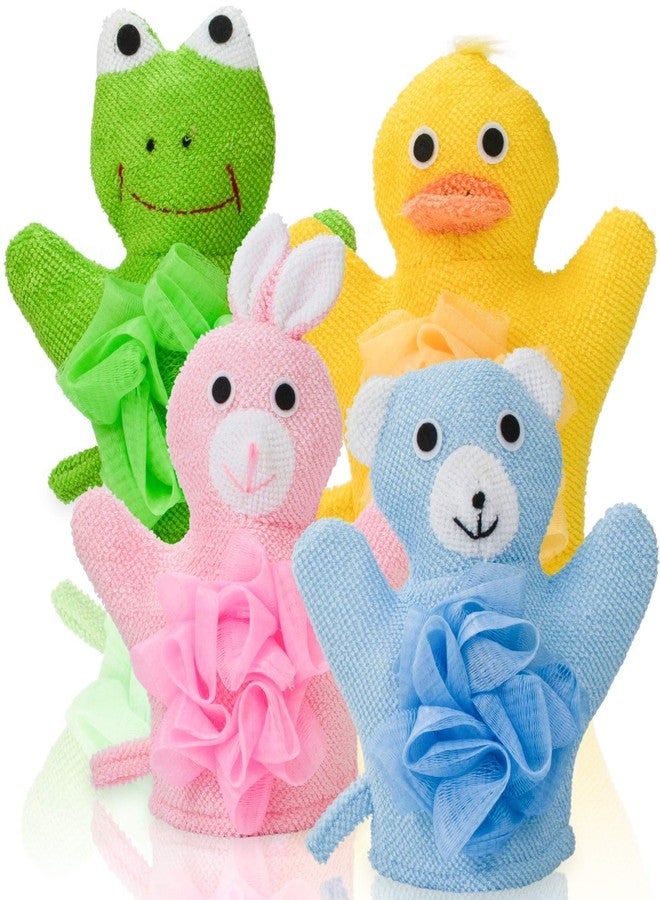Made Easy Kit Hand Puppet Bath Wash Mitt Towel with Animal Designs with Loofahs for Fun Interactive Bathing Time (Green Yellow Pink Blue) - Image 1