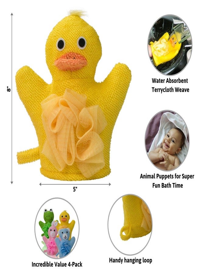 Made Easy Kit Hand Puppet Bath Wash Mitt Towel with Animal Designs with Loofahs for Fun Interactive Bathing Time (Green Yellow Pink Blue) - Image 4