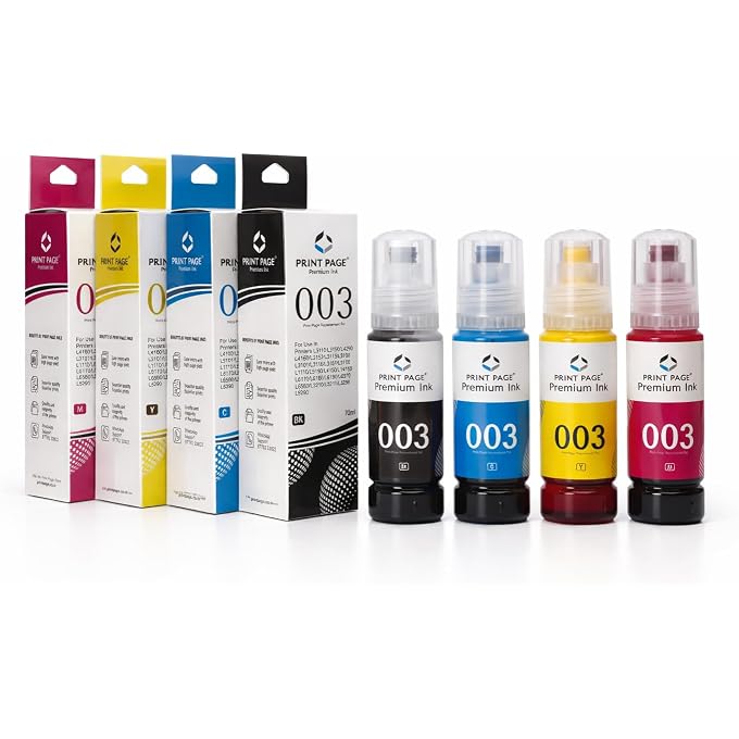 003 Refill Ink Bottle Compatible for L3110, L3150, L4260, L4160, L3152, L3115, L3100, L3101, L3116, L3151, L3156, L1110, L5190, L4150, L14150, L6170,L6160 (4 Color Combo)(70 ml Each)