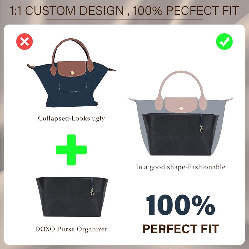Doxo Purse Organizer Insert for Longchamp Le Pliage Large, 6-Compartment Bag Organizer with YKK Zipper Pocket, Cup Holder, Key Chain, Waterproof DupontPaper Lightweight Handbag Shaper (Black Blue,L) - Image 3
