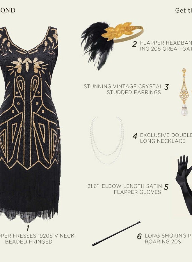 BABEYOND Women s Flapper Dresses Set 1920s V Neck Beaded Fringed Great Gatsby Dress with Accessories Set - Image 3