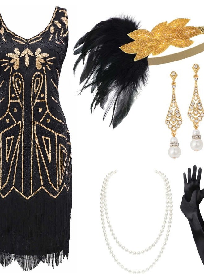 BABEYOND Women s Flapper Dresses Set 1920s V Neck Beaded Fringed Great Gatsby Dress with Accessories Set - Image 1