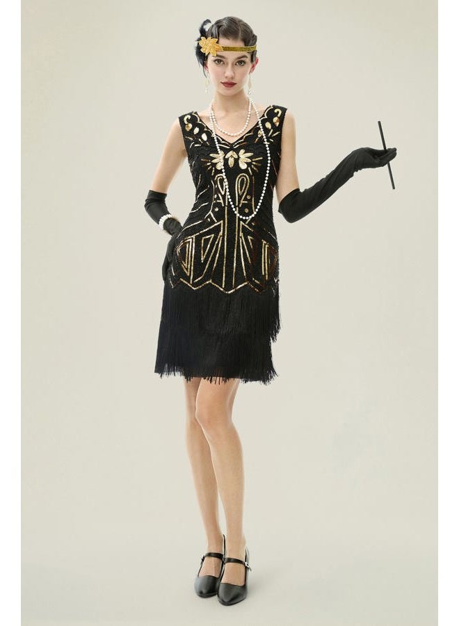 BABEYOND Women s Flapper Dresses Set 1920s V Neck Beaded Fringed Great Gatsby Dress with Accessories Set - Image 2