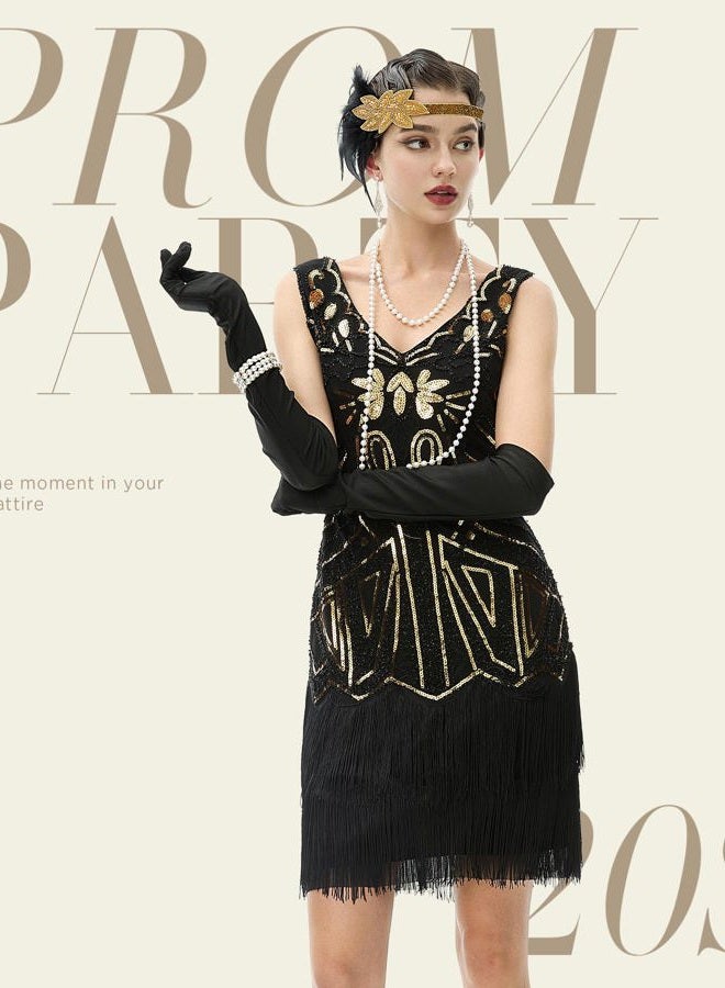 BABEYOND Women s Flapper Dresses Set 1920s V Neck Beaded Fringed Great Gatsby Dress with Accessories Set - Image 4