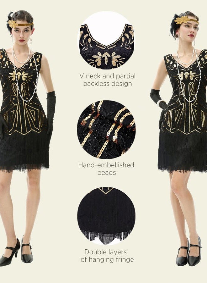 BABEYOND Women s Flapper Dresses Set 1920s V Neck Beaded Fringed Great Gatsby Dress with Accessories Set - Image 5