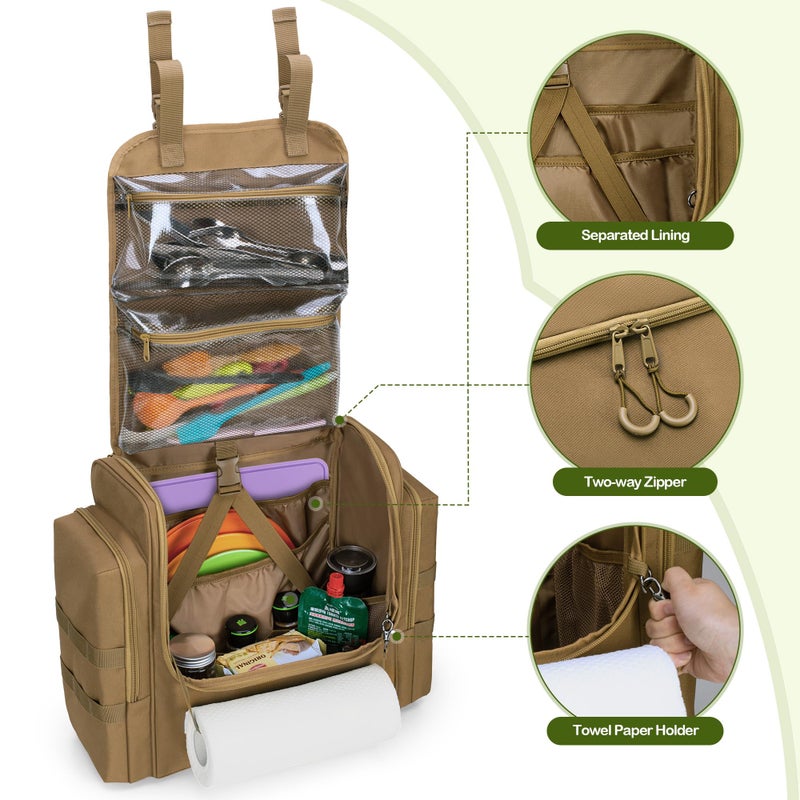 HODRANT Large Tactical Camping Kitchen Organizer, Hanging Cookware Storage Bag with Paper Towel Holder & Multi Pockets, Portable Camp Utensil Organizer for BBQ Cooking Essentials, Khaki, Bag Only - Image 3