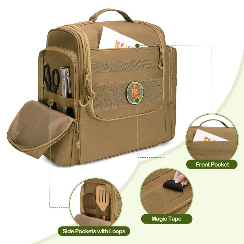 HODRANT Large Tactical Camping Kitchen Organizer, Hanging Cookware Storage Bag with Paper Towel Holder & Multi Pockets, Portable Camp Utensil Organizer for BBQ Cooking Essentials, Khaki, Bag Only - Image 4