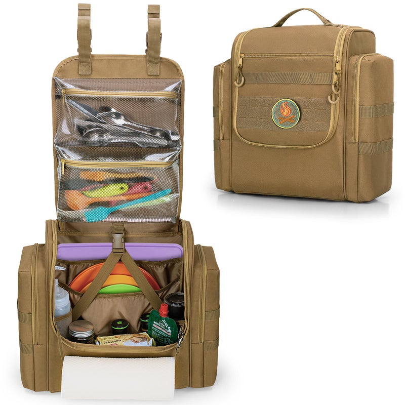 HODRANT Large Tactical Camping Kitchen Organizer, Hanging Cookware Storage Bag with Paper Towel Holder & Multi Pockets, Portable Camp Utensil Organizer for BBQ Cooking Essentials, Khaki, Bag Only - Image 1