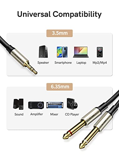 VIOY 1/8 to 1/4 Stereo Cable (6 ft/2 m), 3.5mm 1/8'' TRS to Dual 6.35 mm 1/4" TS Mono with Brass Plating Housing Braided Audio Breakout Cable for Phones, Amp, Mixer, CD Players, Home Stereo Systems…… - Image 2