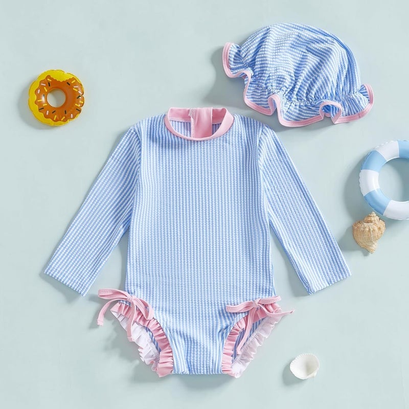 Baby Girl Swimsuit Baby Girls Long Sleeve One Pcs Swimsuit Romper with Hat Bathing Suit Beach Rash Guard - Image 2