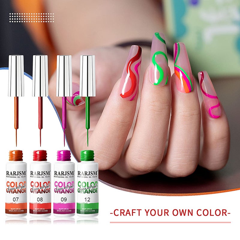 RARJSM Temperature Color Changing Painted Line Art Gel Nail Polish Set,12 Colors Mood Changing Gel Polish Pink Orange Red Blue Green Purple for Fall Winter Nail Art DIY Design Curing Required 8ml - Image 3