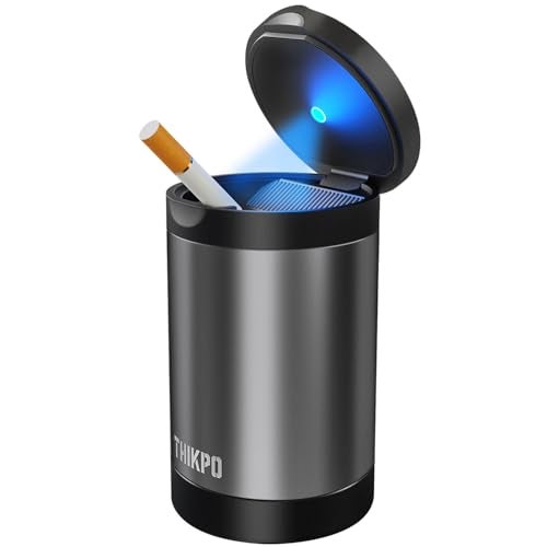 THIKPO Car Ashtray with Smokeless Lid, Detachable Stainless Steel Ash Tray with Automotic LED Light, Portable Mini Trash Can for Car Home Office Outside(Misted Grey) - Image 1