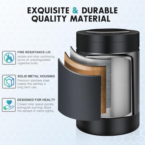 THIKPO Car Ashtray with Smokeless Lid, Detachable Stainless Steel Ash Tray with Automotic LED Light, Portable Mini Trash Can for Car Home Office Outside(Misted Grey) - Image 3
