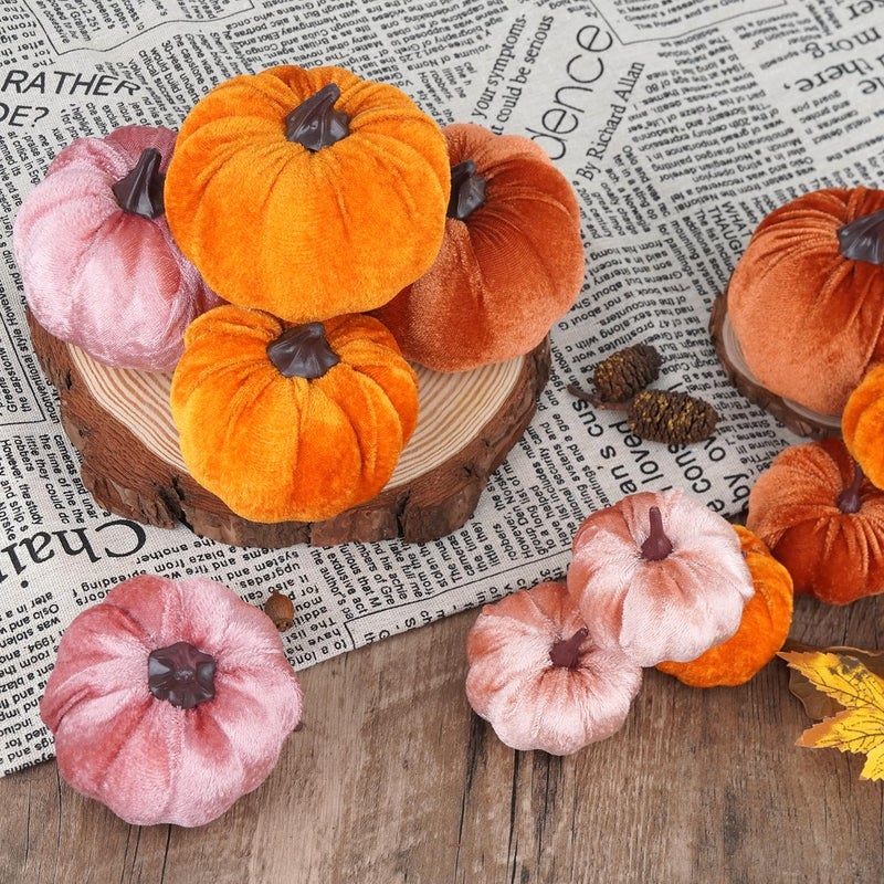 Artmag Artmag 12Pcs Fall Artificial Velvet Pumpkins Assorted Sizes Orange Brown Pink Fake Farmhouse Harvest Pumpkins for Fall Thanksgiving Party Home Decoration  - Image 3