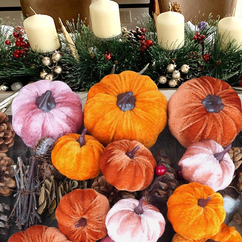 Artmag Artmag 12Pcs Fall Artificial Velvet Pumpkins Assorted Sizes Orange Brown Pink Fake Farmhouse Harvest Pumpkins for Fall Thanksgiving Party Home Decoration  - Image 2