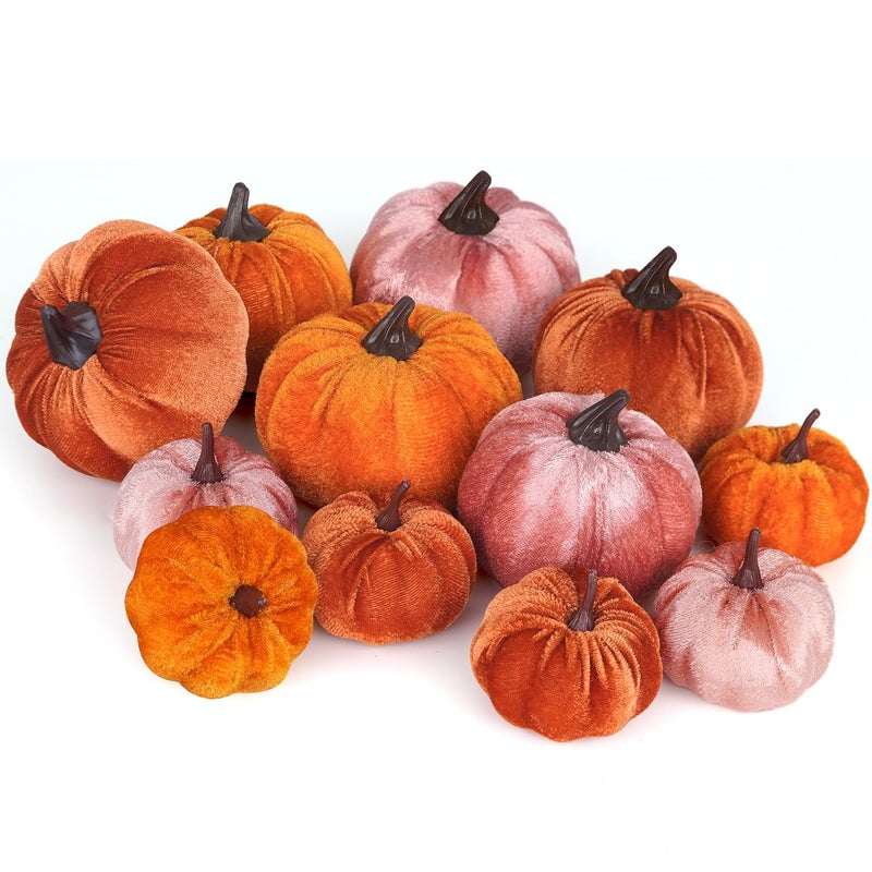 Artmag Artmag 12Pcs Fall Artificial Velvet Pumpkins Assorted Sizes Orange Brown Pink Fake Farmhouse Harvest Pumpkins for Fall Thanksgiving Party Home Decoration  - Image 1