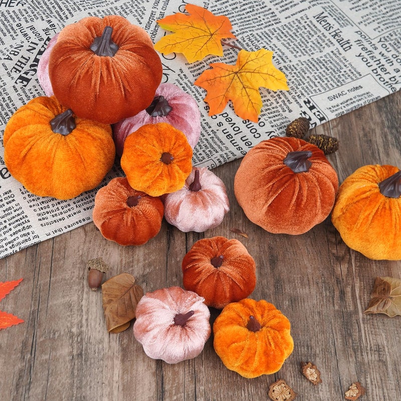 Artmag Artmag 12Pcs Fall Artificial Velvet Pumpkins Assorted Sizes Orange Brown Pink Fake Farmhouse Harvest Pumpkins for Fall Thanksgiving Party Home Decoration  - Image 5