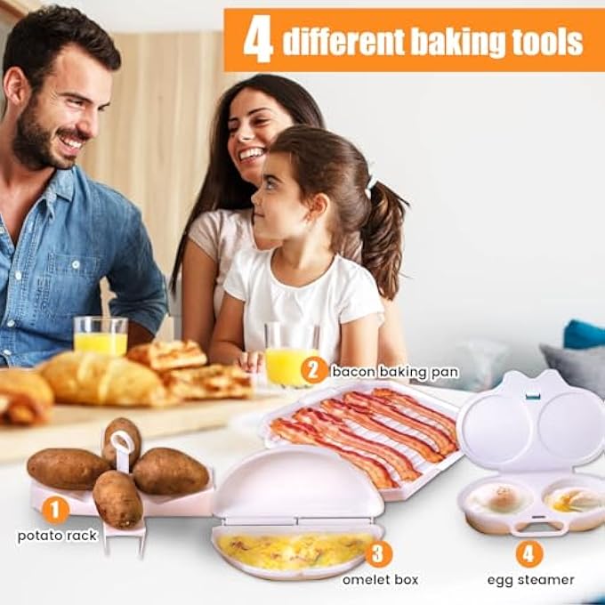 Azonee 4Pcs Microwave Cooking Set Microwave Egg Maker Heat Resistant Microwave Oven Cookware Set With Bacon Baking Plate Egg Steamer Fried Egg Box Potato Rack For Home Kitchen Easy Egg Maker - Image 4