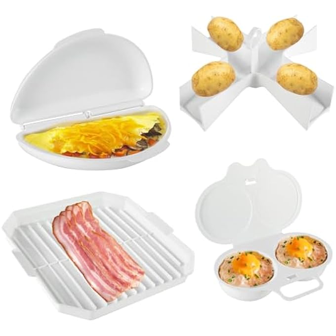 Azonee 4Pcs Microwave Cooking Set Microwave Egg Maker Heat Resistant Microwave Oven Cookware Set With Bacon Baking Plate Egg Steamer Fried Egg Box Potato Rack For Home Kitchen Easy Egg Maker - Image 1