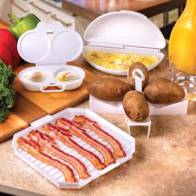 Azonee 4Pcs Microwave Cooking Set Microwave Egg Maker Heat Resistant Microwave Oven Cookware Set With Bacon Baking Plate Egg Steamer Fried Egg Box Potato Rack For Home Kitchen Easy Egg Maker - Image 3