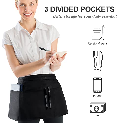 BOHARERS Waist Apron with 3 Pockets - Black Waitress Waiter Server Short Aprons,2 Pack Black - Image 3