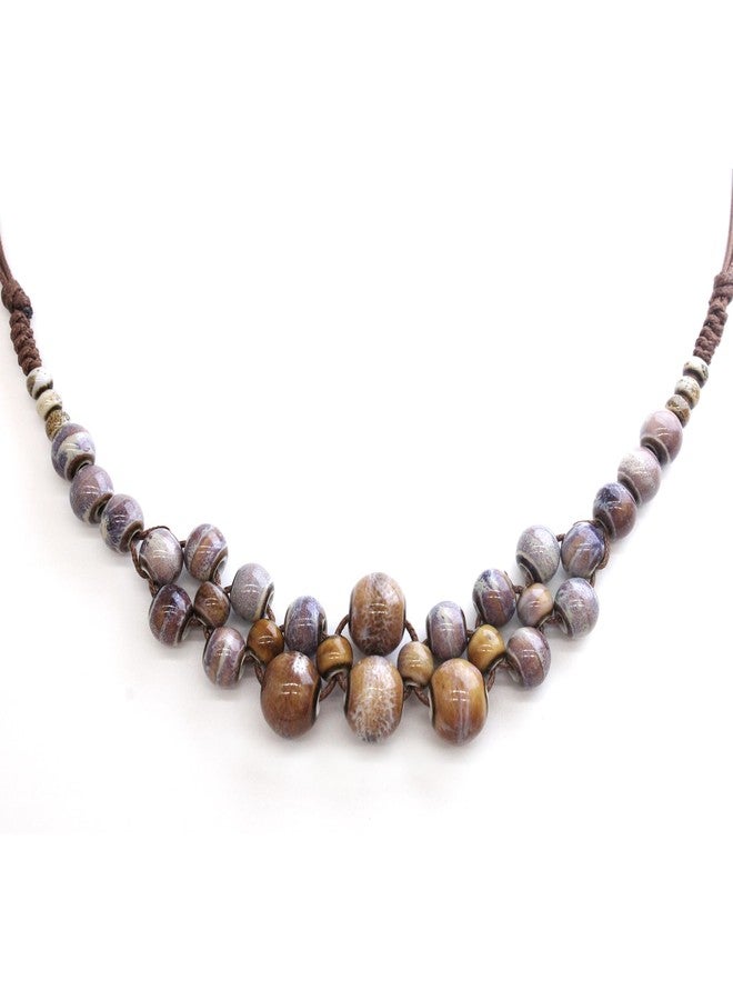 VKSG Boho Statement Chunky Necklaces for Women- Handmade Colorful Ceramic Fall Beaded Hippie Jewelry, Adjustable Long Bohemian Necklaces for Casual Wear (Tiger-Stripe Color) - Image 1