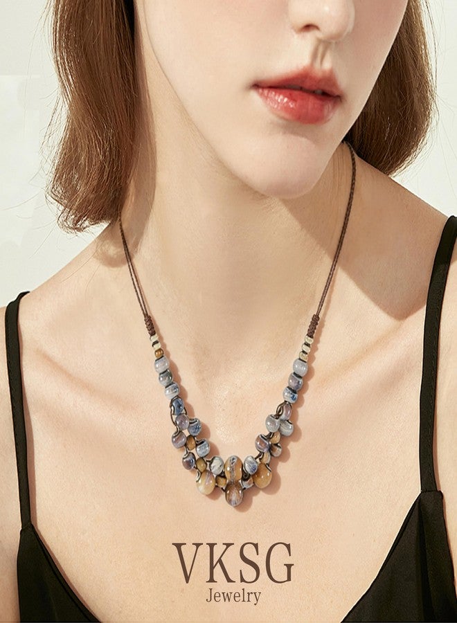 VKSG Boho Statement Chunky Necklaces for Women- Handmade Colorful Ceramic Fall Beaded Hippie Jewelry, Adjustable Long Bohemian Necklaces for Casual Wear (Tiger-Stripe Color) - Image 3