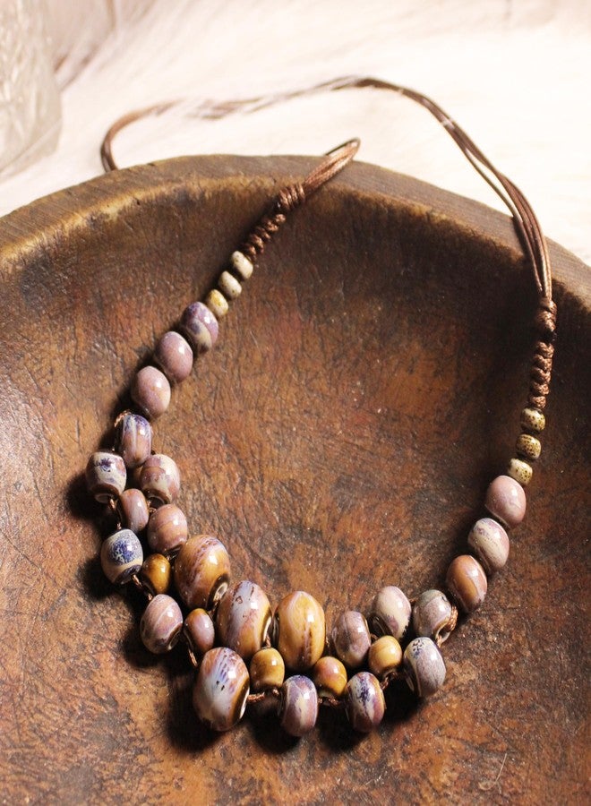 VKSG Boho Statement Chunky Necklaces for Women- Handmade Colorful Ceramic Fall Beaded Hippie Jewelry, Adjustable Long Bohemian Necklaces for Casual Wear (Tiger-Stripe Color) - Image 4