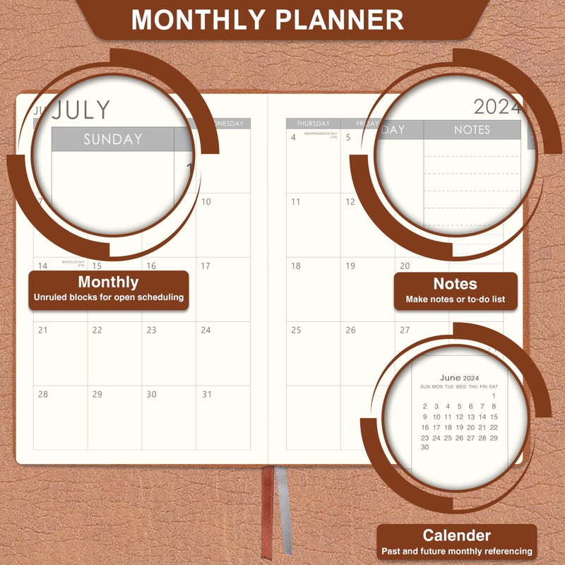 Lemome Academic Planner 2024-2025 - Weekly & Monthly, July 2024 - June 2025, 5.85'' x 8.5'', Leather Cover with Pen Holder & Bookmarks - Image 3