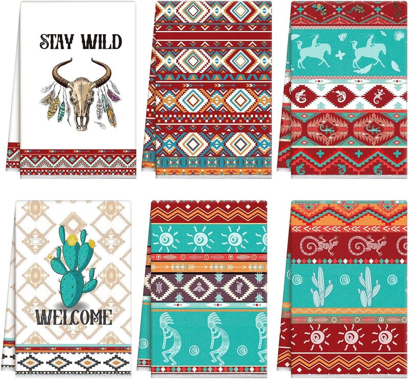 Kajaia 6 Pcs Aztec Theme Kitchen Towels Southwestern Microfiber Dish Hand Tea Bathroom Towels Native Decorative for Absorbent Drying Cloth Turquoise Geometric Ethnic Cloth for Home Housewarming Gift - Image 1