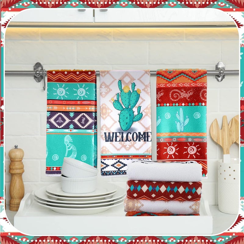 Kajaia 6 Pcs Aztec Theme Kitchen Towels Southwestern Microfiber Dish Hand Tea Bathroom Towels Native Decorative for Absorbent Drying Cloth Turquoise Geometric Ethnic Cloth for Home Housewarming Gift - Image 2