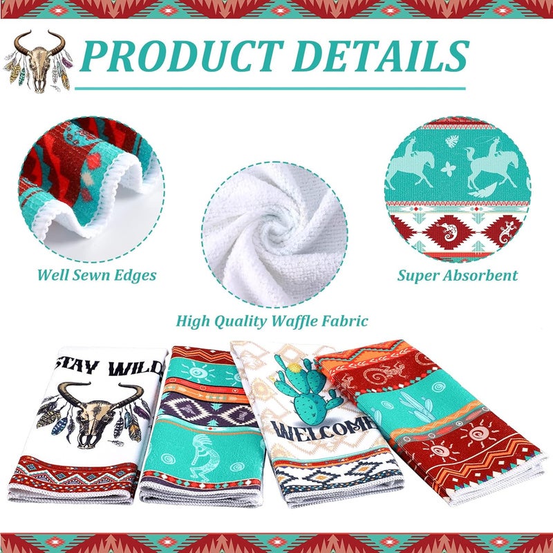 Kajaia 6 Pcs Aztec Theme Kitchen Towels Southwestern Microfiber Dish Hand Tea Bathroom Towels Native Decorative for Absorbent Drying Cloth Turquoise Geometric Ethnic Cloth for Home Housewarming Gift - Image 4