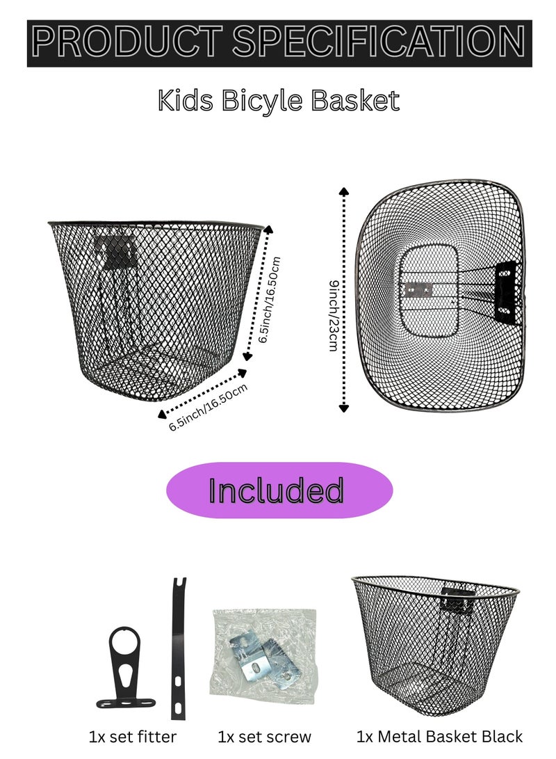 Kids Bicycle Metal Basket, Black, Front Mounted with Fittings & Screws - Image 2
