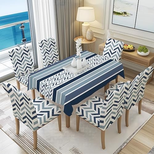BRIDA® Polyester Spandex Stretchable Floral Geometric Printed Dining Chair Covers Elastic Chair Seat Case Protector, Slipcovers (6 Seater Table Cover + 6 Chair Cover, Zigzag Blue) - Image 1