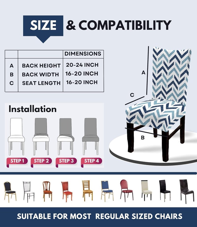 BRIDA® Polyester Spandex Stretchable Floral Geometric Printed Dining Chair Covers Elastic Chair Seat Case Protector, Slipcovers (6 Seater Table Cover + 6 Chair Cover, Zigzag Blue) - Image 3