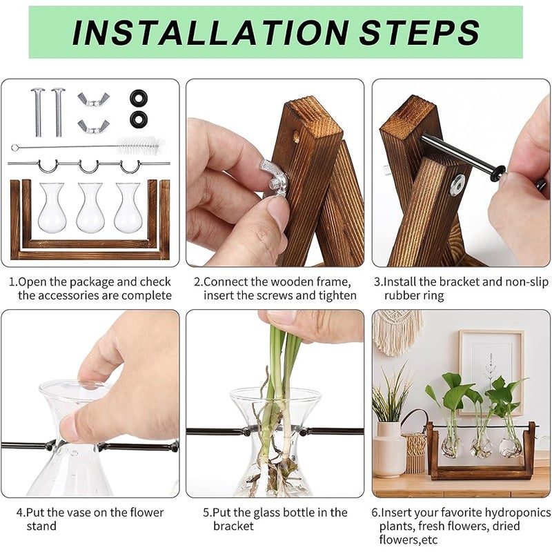 YIBOT Propagation Stations,Plant Terrarium with Retro Wooden Stand, Unique Gardening Birthday Gifts for Women Plant Lovers, Hydroponics Plants Home Office Garden Decor - 3 Bulb Glass Vases - Image 5