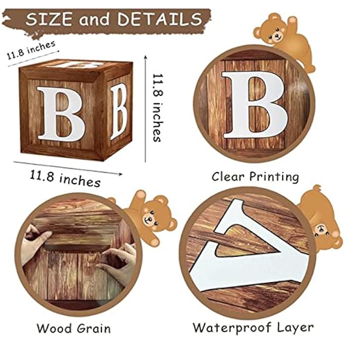 AM ANNA Birthday Party Decoration Balloon Boxes, 4 Wood Grain Brown Boxes with BABY Letter,Teddy Bear Baby Shower Supplies Gender Reveal Party Backdrop, Baby Bridal Shower Decor - Image 2