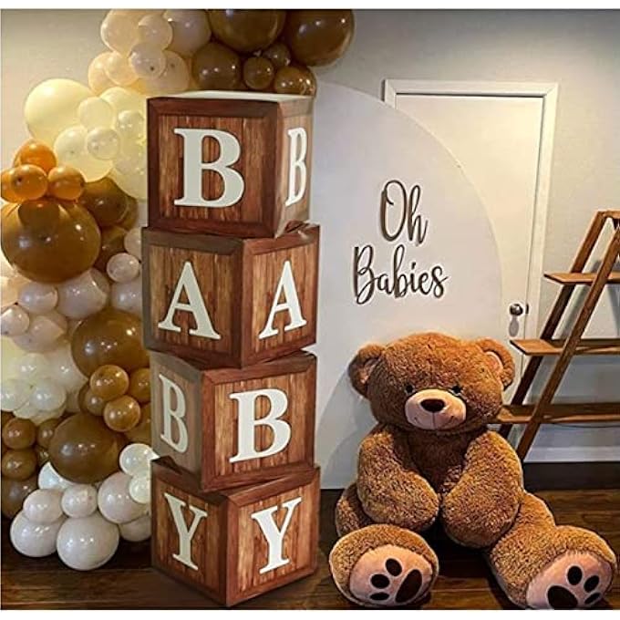 AM ANNA Birthday Party Decoration Balloon Boxes, 4 Wood Grain Brown Boxes with BABY Letter,Teddy Bear Baby Shower Supplies Gender Reveal Party Backdrop, Baby Bridal Shower Decor - Image 1